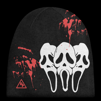 Dinamikplug Scary Sight Beanie with white three-skull graphic, red splatter accents, one size fits all