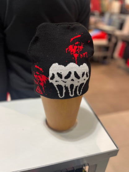 Dinamikplug: Scary Sight Beanie, black with red splatters and a white teeth graphic; one size fits all.