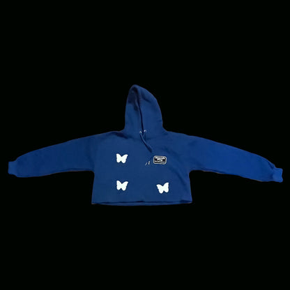 Blue cotton hoodie with puff-print butterfly motifs and a Dinamikplug label.