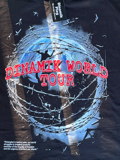 Dinamik World Tour sleeveless shirt featuring a barbed-wire globe and bold red lettering.