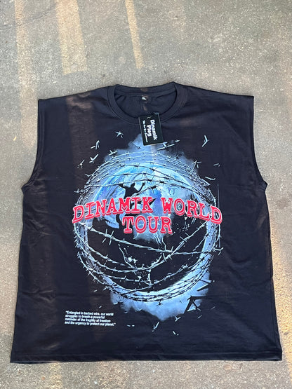 Dinamik World Tour sleeveless shirt with barbed-wire globe graphic and bold red lettering on black fabric