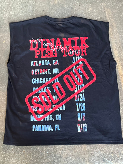 Dinamik World Tour Sleeveless Shirts with back tour dates, true to size, black fabric and a red Sold Out stamp.