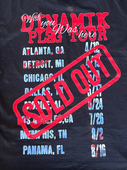 Dinamik World Tour Sleeveless Shirts on black, blue tour city list, bold red Sold Out stamp; true to size.